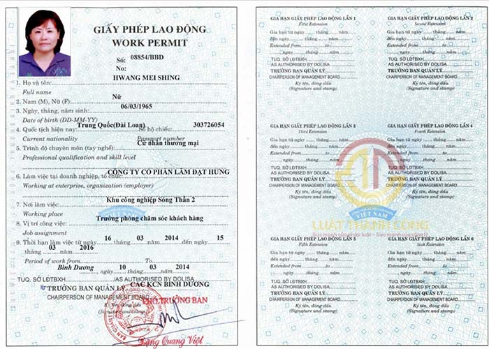 mẫu giấy phép lao động cho người nước ngoài